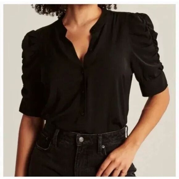 ✨Abercrombie & Fitch Ruched Sleeve Sz Small Blue Top✨ - Picture 1 of 8